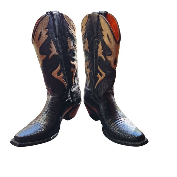 Frye Lily Lizard Black & Cream Leather Cowboy Boots Size 6 Made In Mexico - Picture 1 of 13